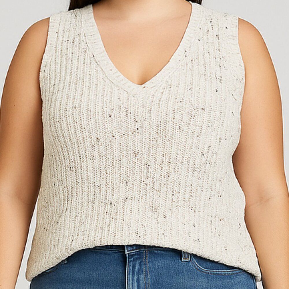 Evereve Neutral Sweater Vest Knit V Neck Cotton Cozy Speckled Sleeveless Top XL
